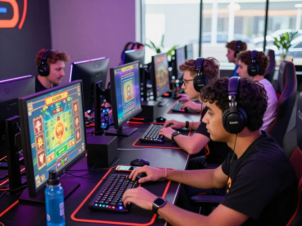 Players immersed in the thrilling VUA99 online gaming experience with vibrant screens and focused expressions.