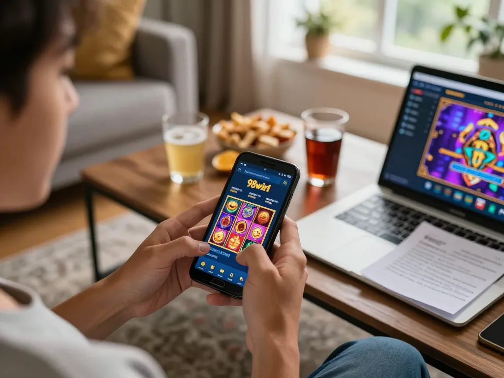 Engaging in mobile gambling on 98win1, enjoying slot games in a cozy home setting