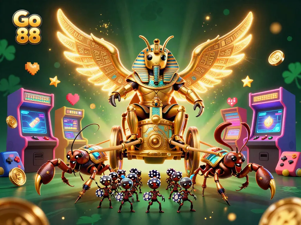 Engage in thrilling gameplay with Go 88's colossal pharaoh beetle and vibrant casino elements.