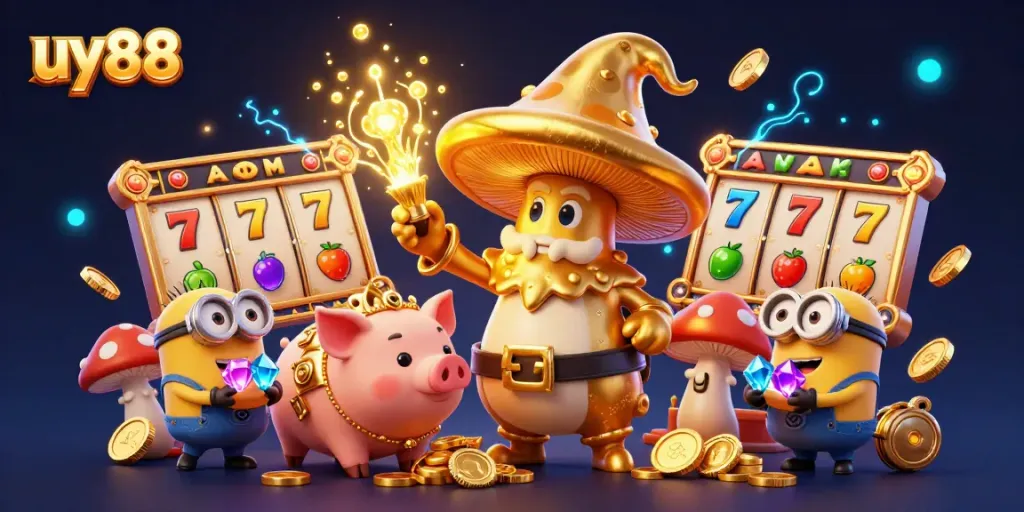 Engage with uy88's vibrant gaming world featuring a magical golden mushroom wizard and abundant treasure.
