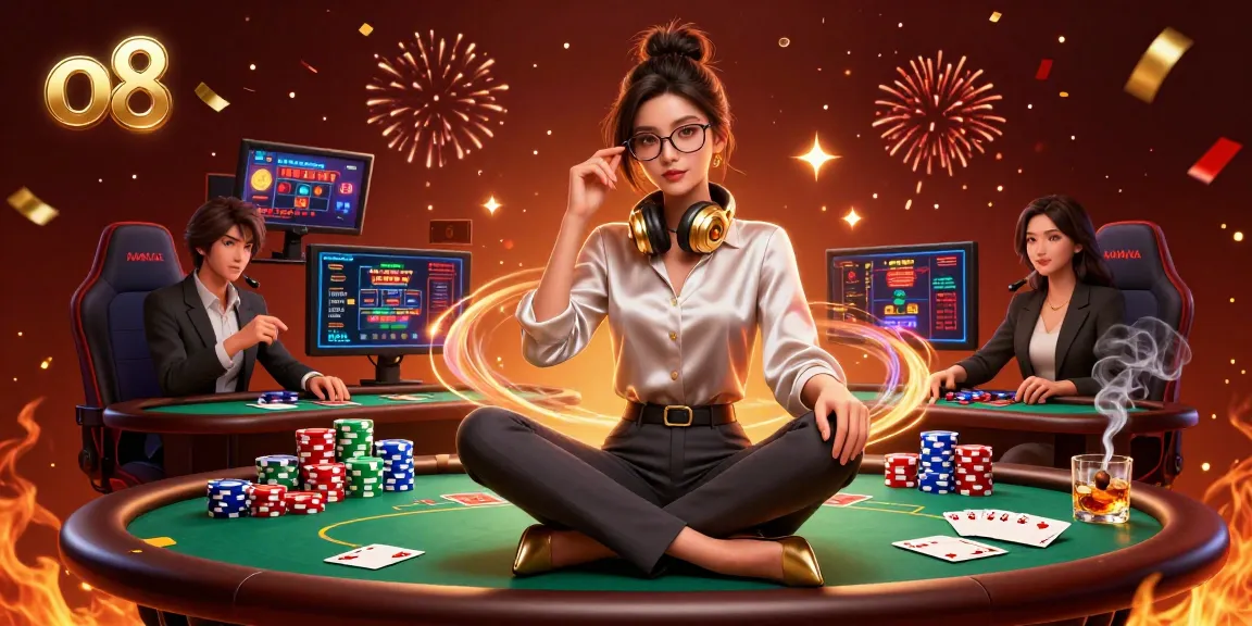 Experience thrilling poker action with o8 at a high-tech gaming setup featuring vibrant casino elements.