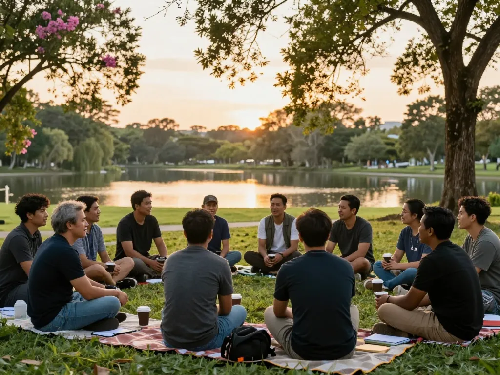 manclub group of men discussing mental health in a park