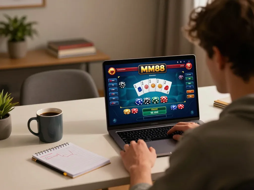 Engaged player at MM88 online casino, showcasing vibrant poker gameplay screen and strategy notes.