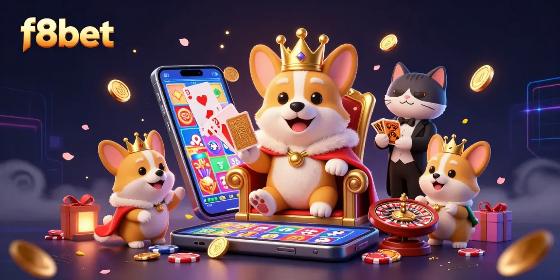 Experience thrilling gameplay at f8bet with a vivid illustration of a royal corgi on a throne surrounded by gaming elements.