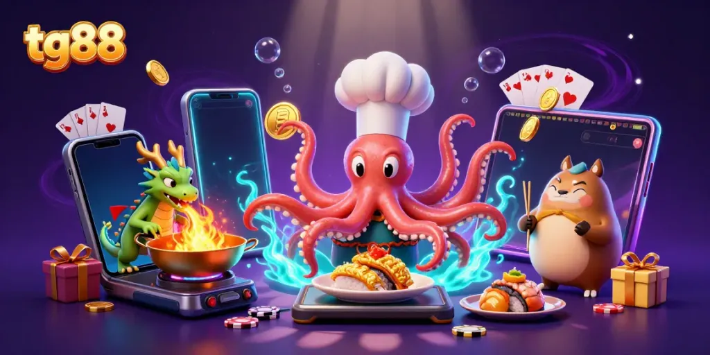 Engage with tg88's animated scene featuring vivid characters preparing winning casino dishes and playing thrilling games.