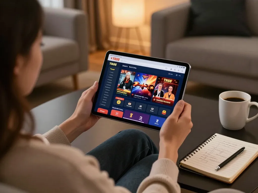 Playing TR88 casino games on a tablet in a cozy home environment, showcasing responsible gaming