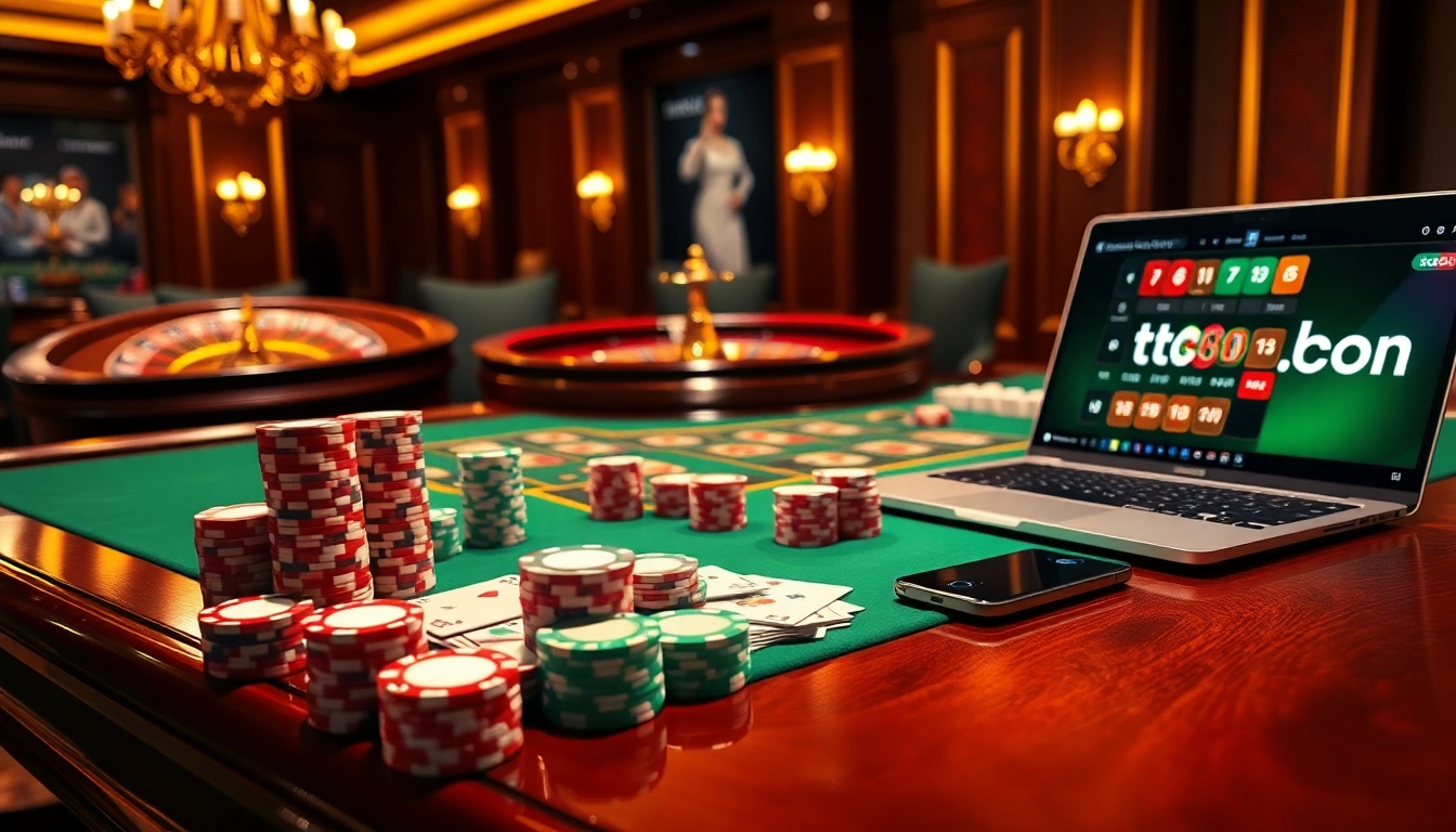 Experience high-stakes poker at tr88.com, featuring vibrant chips, cards, and a roulette wheel.