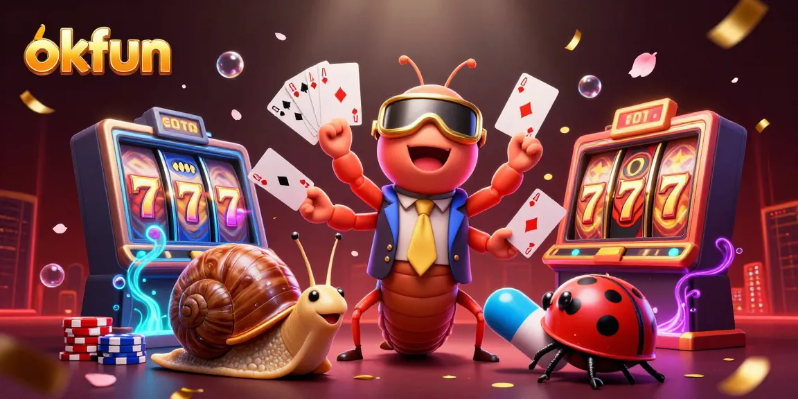 Engage with okfun's thrilling slots experience where a millipede dealer shows cards and a snail rolls chips.