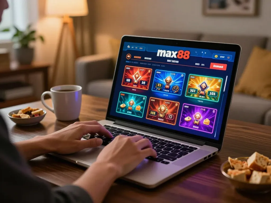 Engaging live dealer gameplay on max88 casino interface from a cozy home setup.