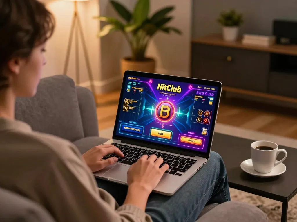 Engaging in thrilling online gaming at Hitclub, showcasing vibrant game interface and cozy setting.