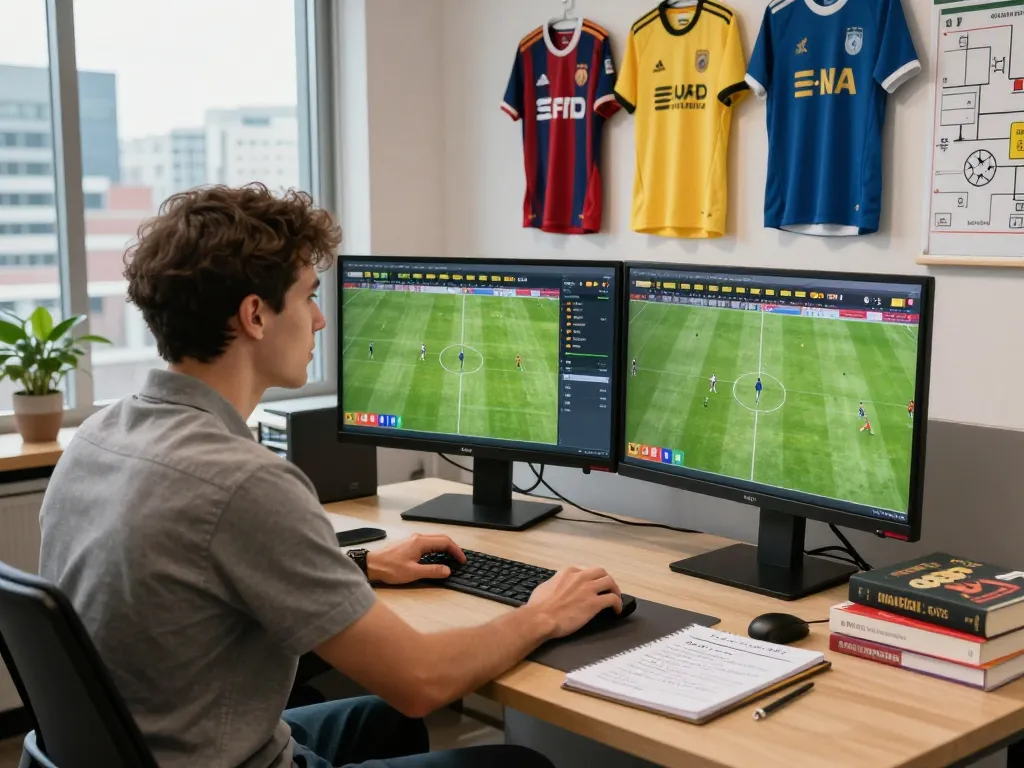 Soccer analyst using nowgoal for live score analysis in a modern office