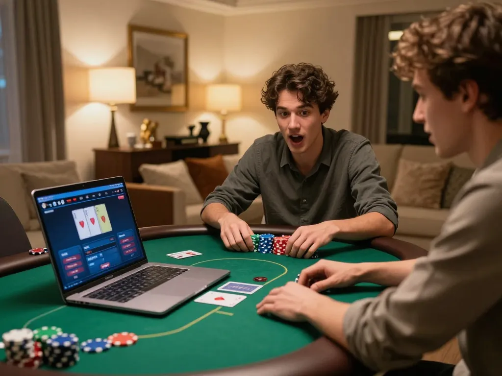 Engaged player strategizing poker at home for da88 casino, vibrant gaming atmosphere