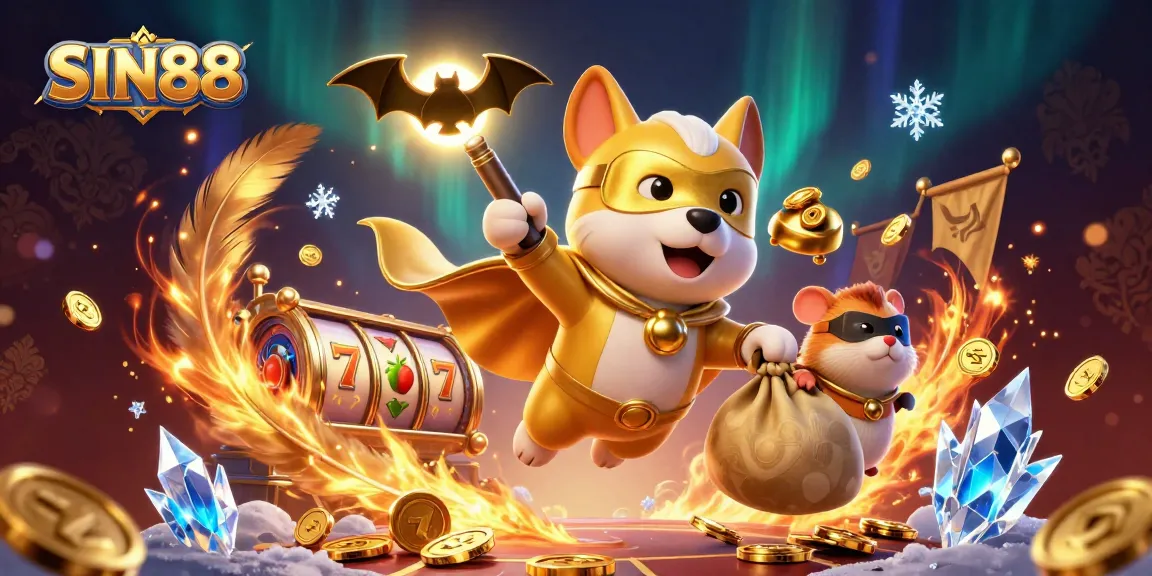 SIN88 superhero dog and hamster excitingly promoting online casino games with golden coins and slot reels.