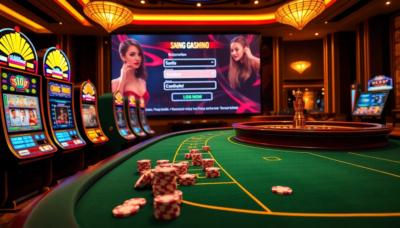 Experience the thrill of ĐĂNG NHẬP RR88 with vibrant casino visuals showcasing slot machines and roulette tables.