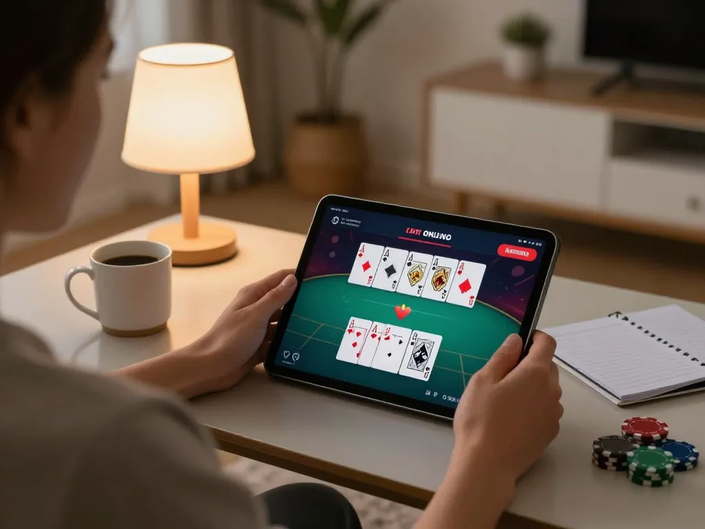 Engaging scene of a player using uu88 com on a tablet for online poker in a cozy home setup.