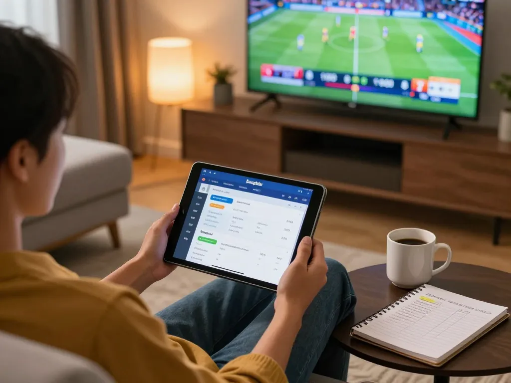 Bongdalu platform showcased on tablet during home sports betting session, emphasizing responsible gaming.