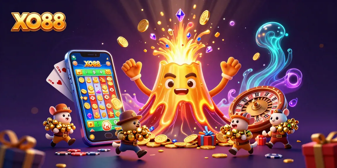 Experience thrilling jackpots at XO88 with a vibrant scene of a golden volcano and treasure-filled gameplay.
