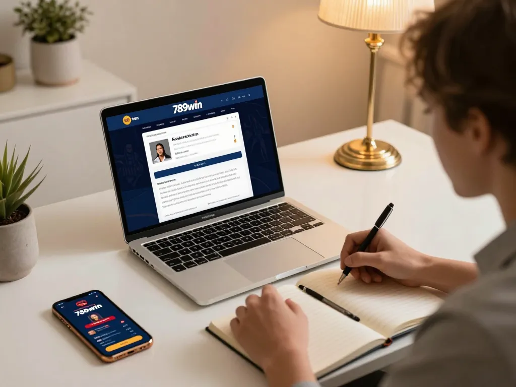 Registering on 789win with an online gaming setup, laptop showing registration form, and strategy notes nearby.
