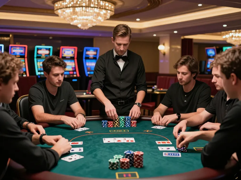 Players analyze their hands at a lively poker game in kuwin-vn casino, showcasing dynamic gameplay.