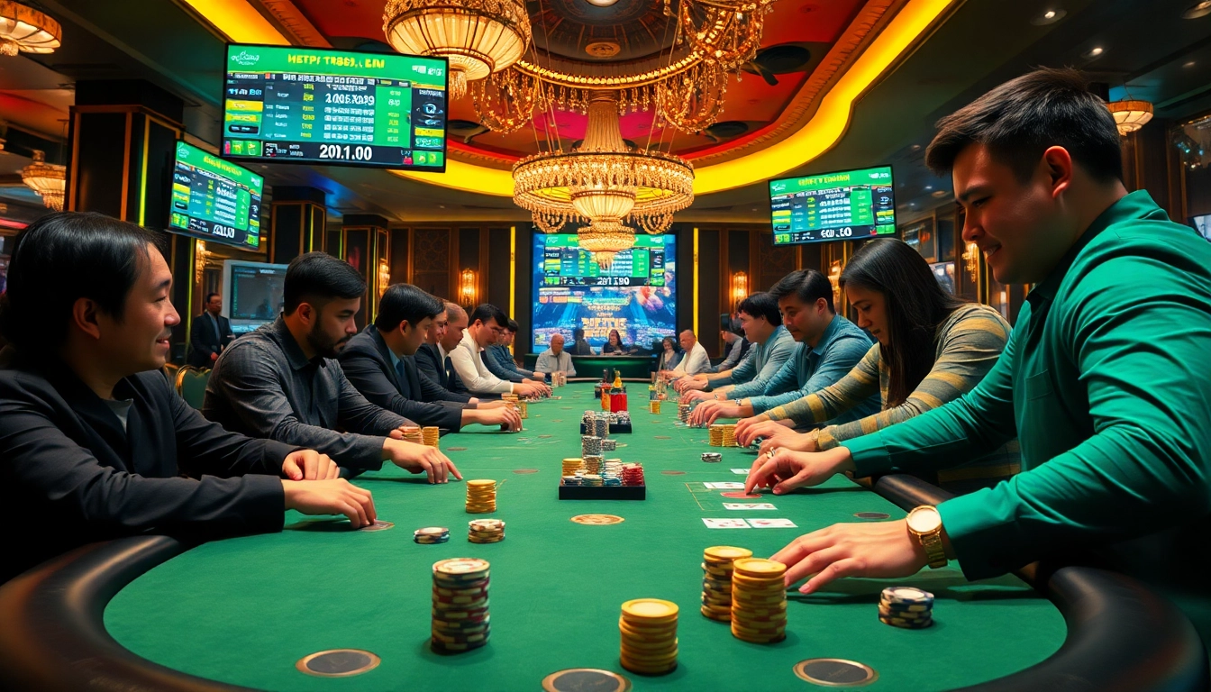 Professional gamblers strategizing at a luxurious casino setting, linked to https://tr88.bio/ for top betting experiences.