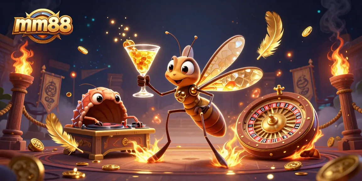 Experience thrilling casino action with mm88 in this vibrant 3D illustration featuring a frozen mosquito mascot and a trilobite DJ.