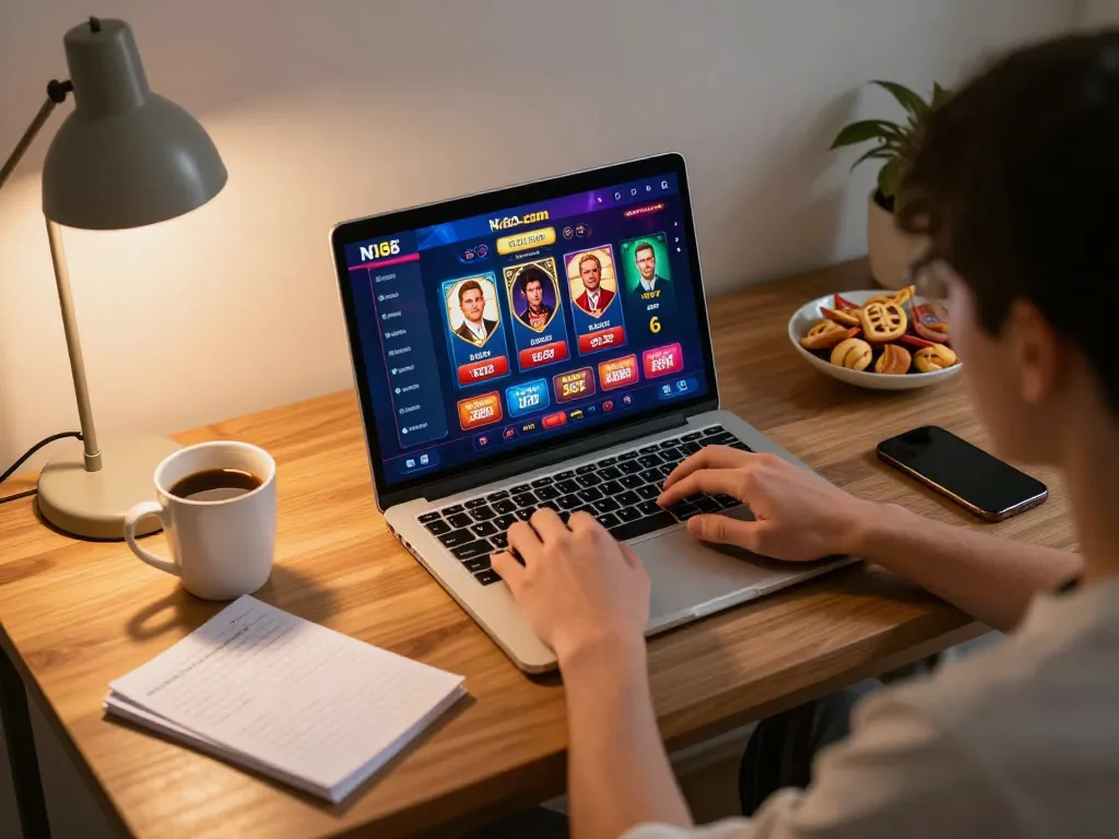 Engaged player accessing N188 com for online casino games, showcasing a lively home gaming atmosphere