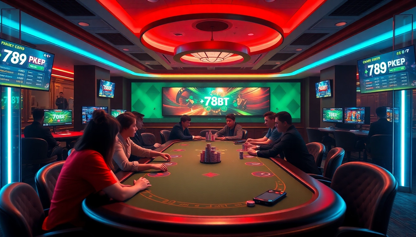 Experience the excitement of 789b poker gaming at 789BET, showcasing players at an elegant table in a vibrant online casino.