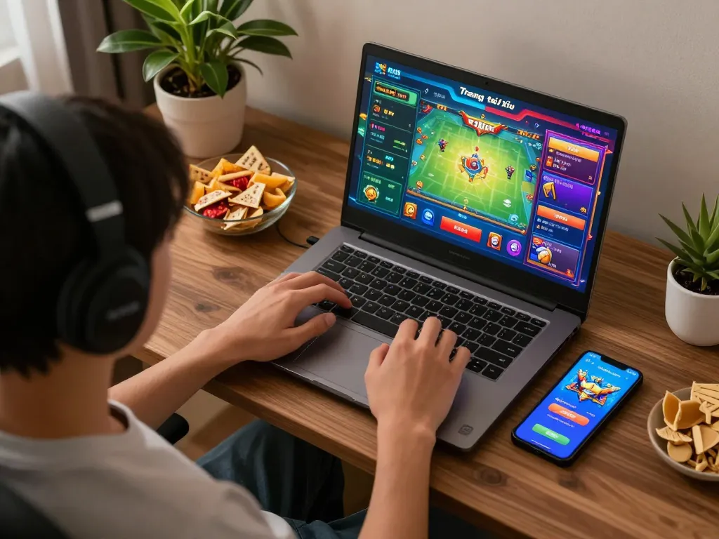 Engaging in Trang tài xỉu online games with vibrant graphics on laptop and smartphone in a cozy home setting.