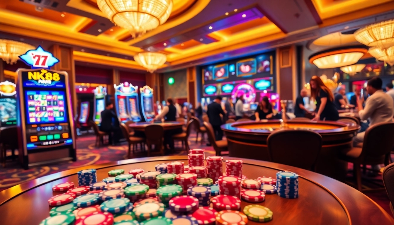 Experience thrilling bets at nk88's vibrant casino tables with poker chips and roulette.