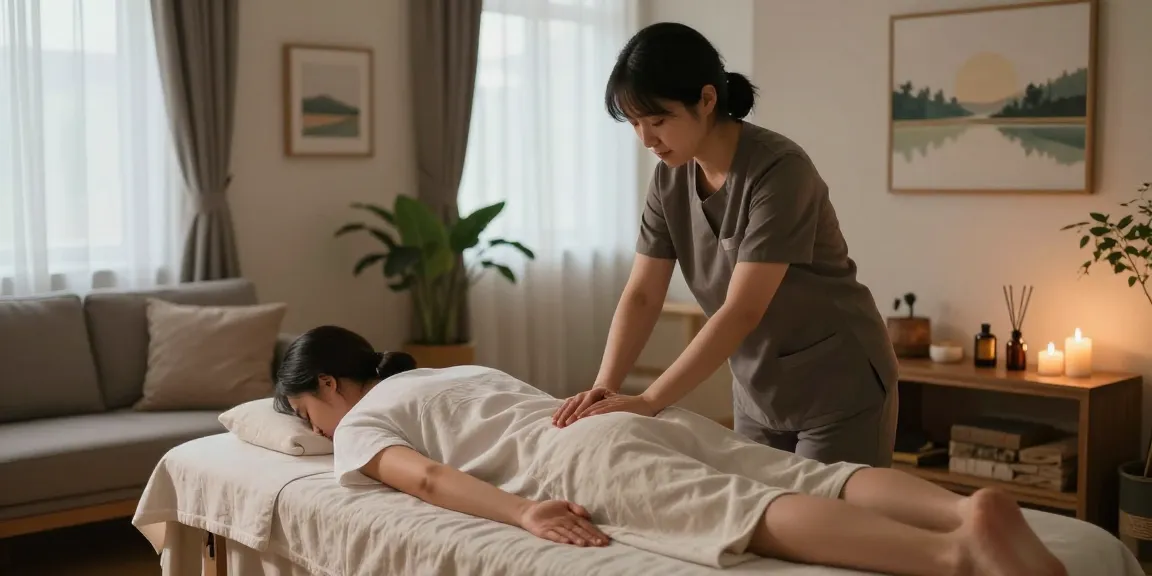 Experience a serene 서대문출장마사지 in a cozy home setting with calming soft lighting and essential oils.