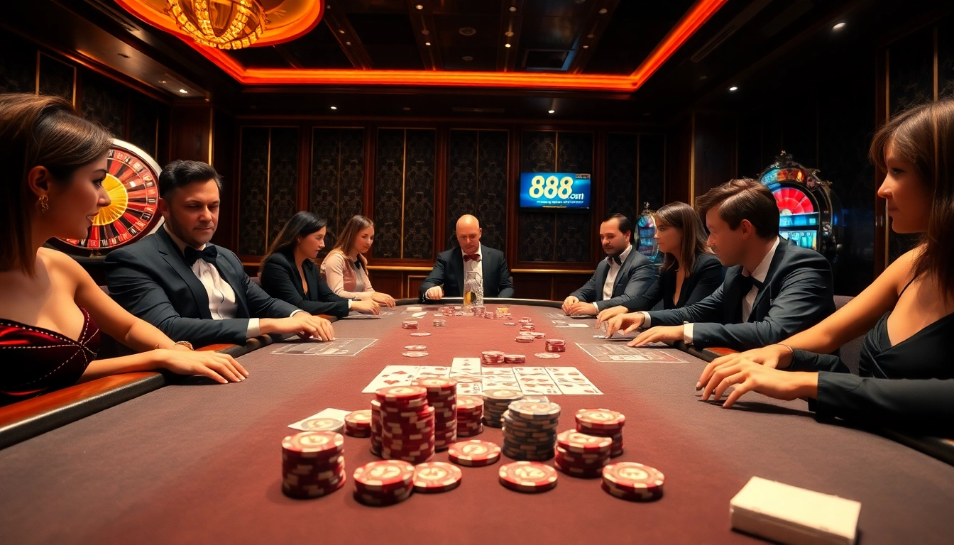 Players enjoying a poker game at a luxurious casino, showcasing excitement at 888vi.com.