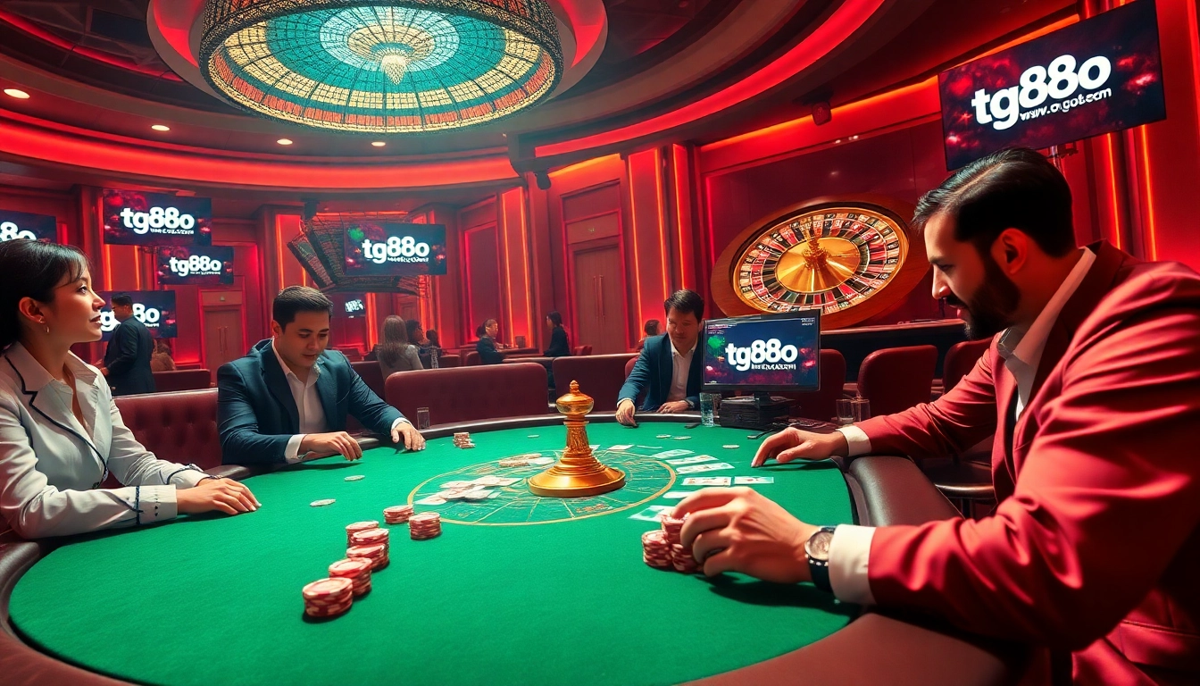 Players enjoying a high-stakes poker game and online gambling at tg88.com, highlighting the excitement of casino entertainment.