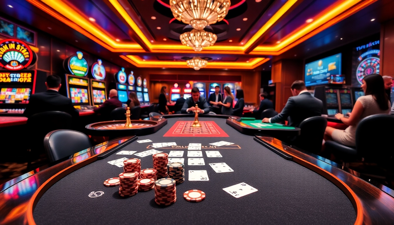 Engaged players enjoying a luxurious rik vip gambling experience with cards and chips at a vibrant casino table.