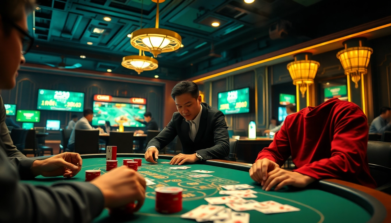 Dynamic online gaming scene illustrating topgamebaidoithuong.mx with players engaged in card games, reflecting excitement and security.