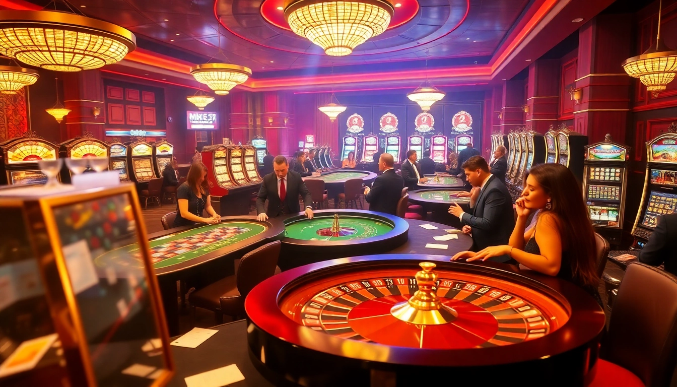 Experience the excitement of mb66.nyc with vibrant casino visuals of players at blackjack and roulette tables.