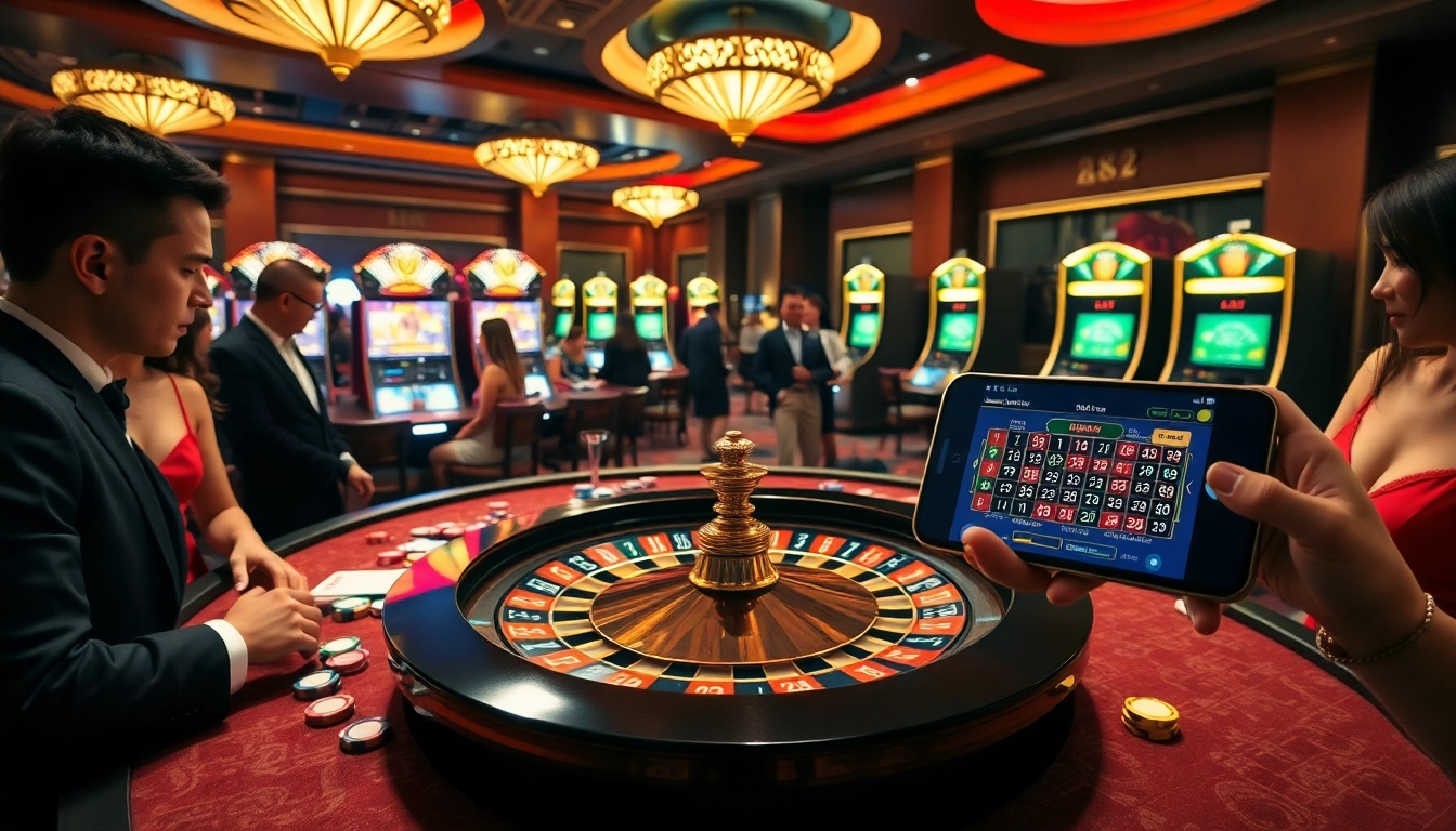 A dynamic casino scene showcasing players engaging with roulette and slot machines at 888vnd.com.