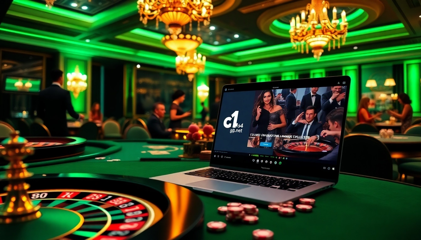 Players enjoying a vibrant casino scene with c54.gb.net showcased prominently in an exciting gambling atmosphere.