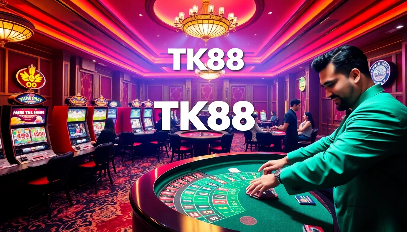 TK88 Casino scene with vibrant gaming tables and excited players enjoying their bets.