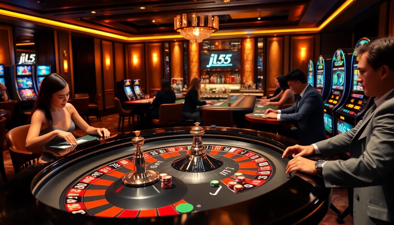 High-stakes gambling scene at a casino featuring roulette and poker, highlighting jl 55 betting slips.