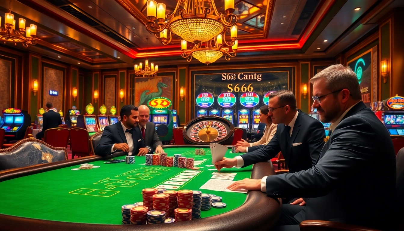 S666 casino scene featuring professional gamblers engaging in poker with vibrant chips and roulette.