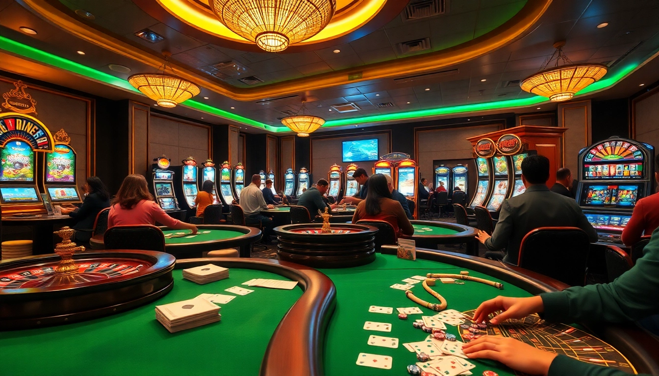 A vibrant casino scene showcasing players at poker and roulette tables, highlighting 888vnd.com betting excitement.