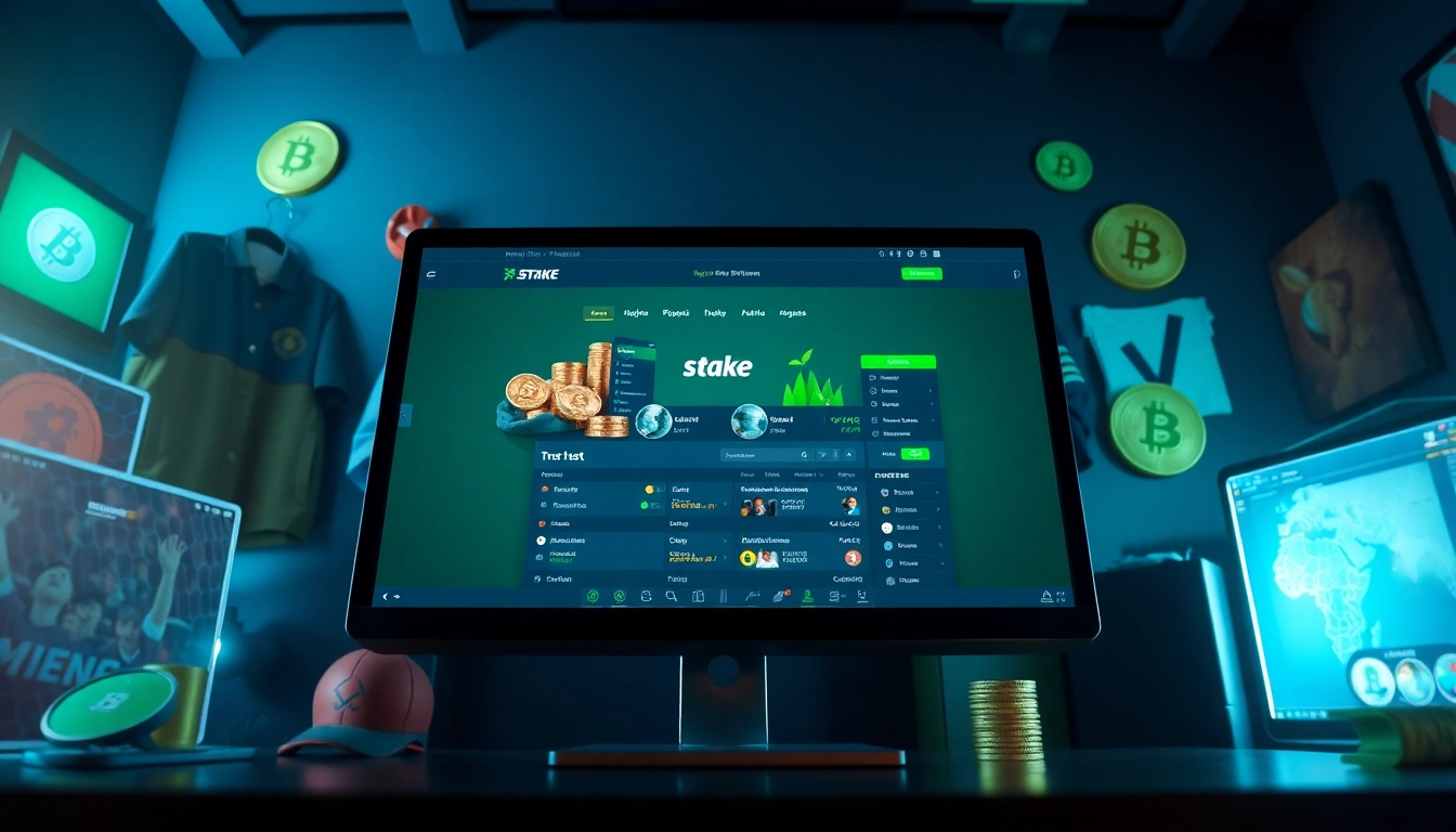 Stake סוכן מוצג על פלטפורמת הימורים מקוונת מקצועית עם נושאים של מטבעות קריפטוגרפיים.