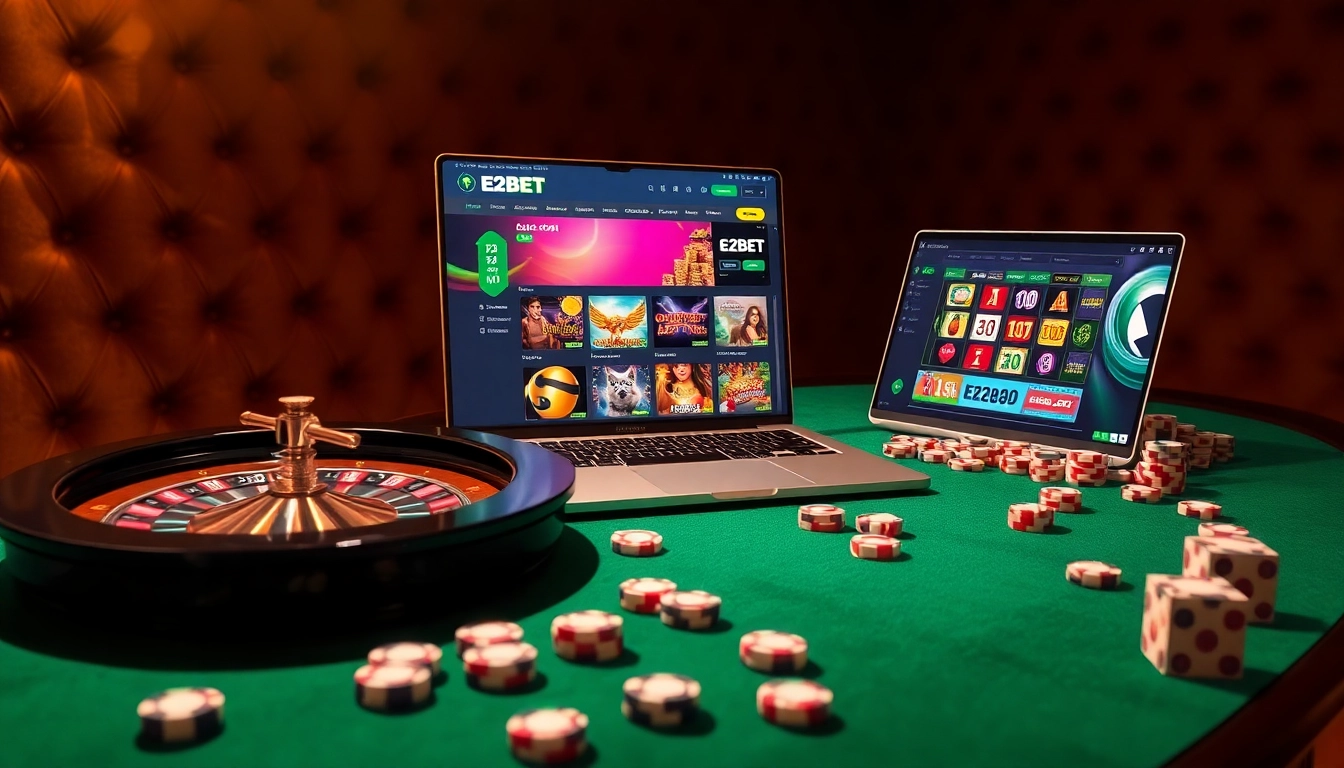 E2BET online casino scene with roulette, poker chips, and vibrant gaming interface