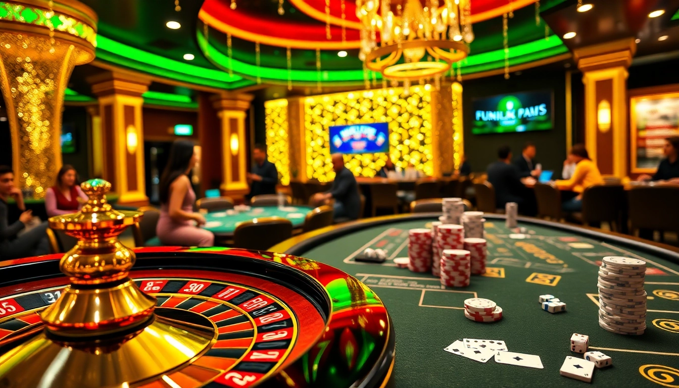 Experience the thrilling atmosphere of f8bet.com with vibrant casino scenes featuring roulette and poker excitement.