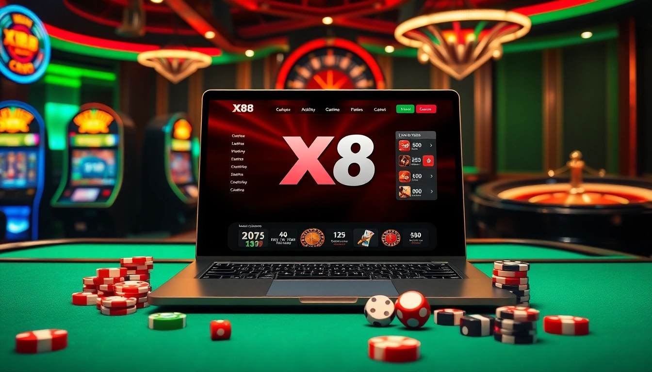 Scene of nhà cái X88 showcasing vibrant slot machines and a roulette wheel in a luxury casino atmosphere.