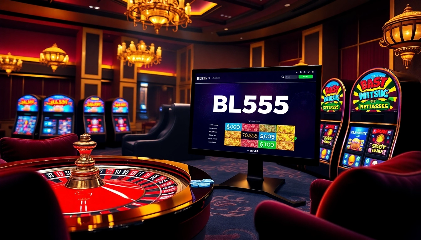 Exciting casino scene with roulette wheel and BL555 online gambling interface.