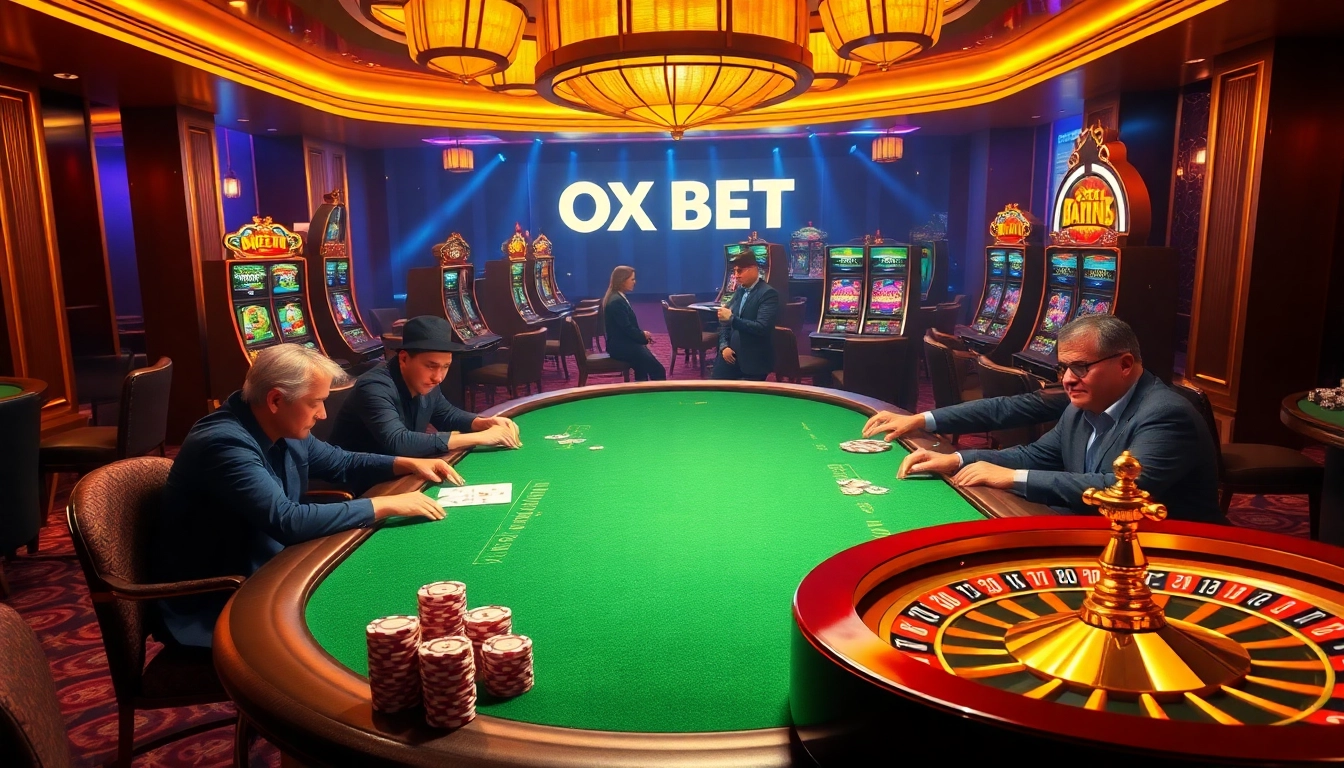 Intense gaming experience at OX BET casino with vibrant poker tables, chips, and luxurious ambiance.