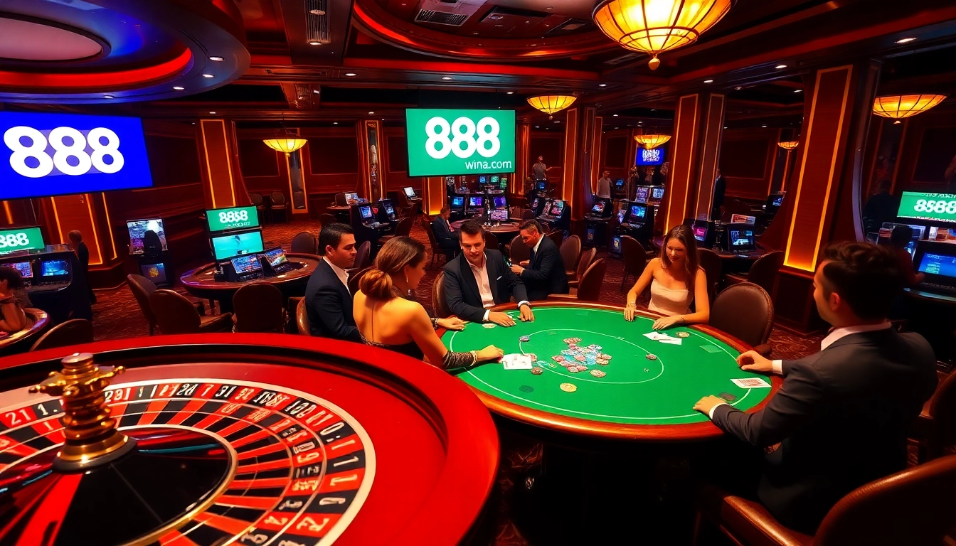 Experience the thrill of gambling at 888vina.com with vibrant casino tables and excited players.