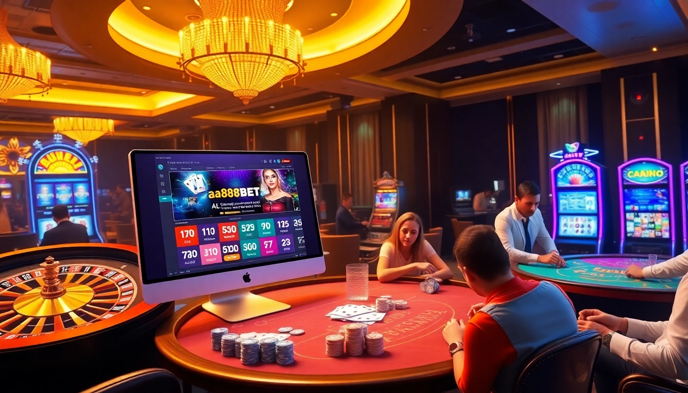 Experience thrilling games at aa888bet.us with a vibrant casino scene showcasing roulette, slots, and players.