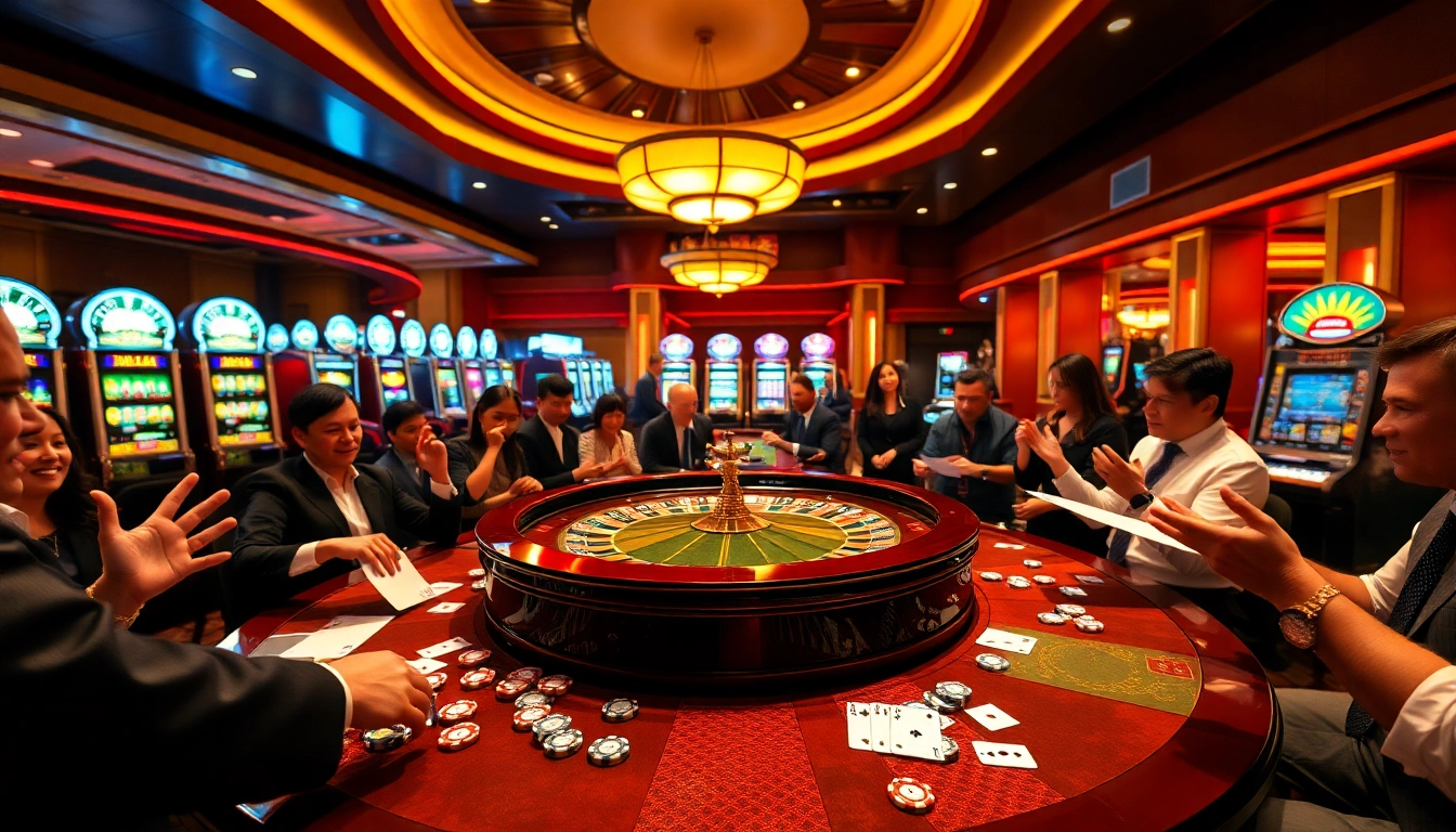 Experience the excitement of gambling with https://xx88.promo/ at a luxurious casino filled with roulette tables and players.